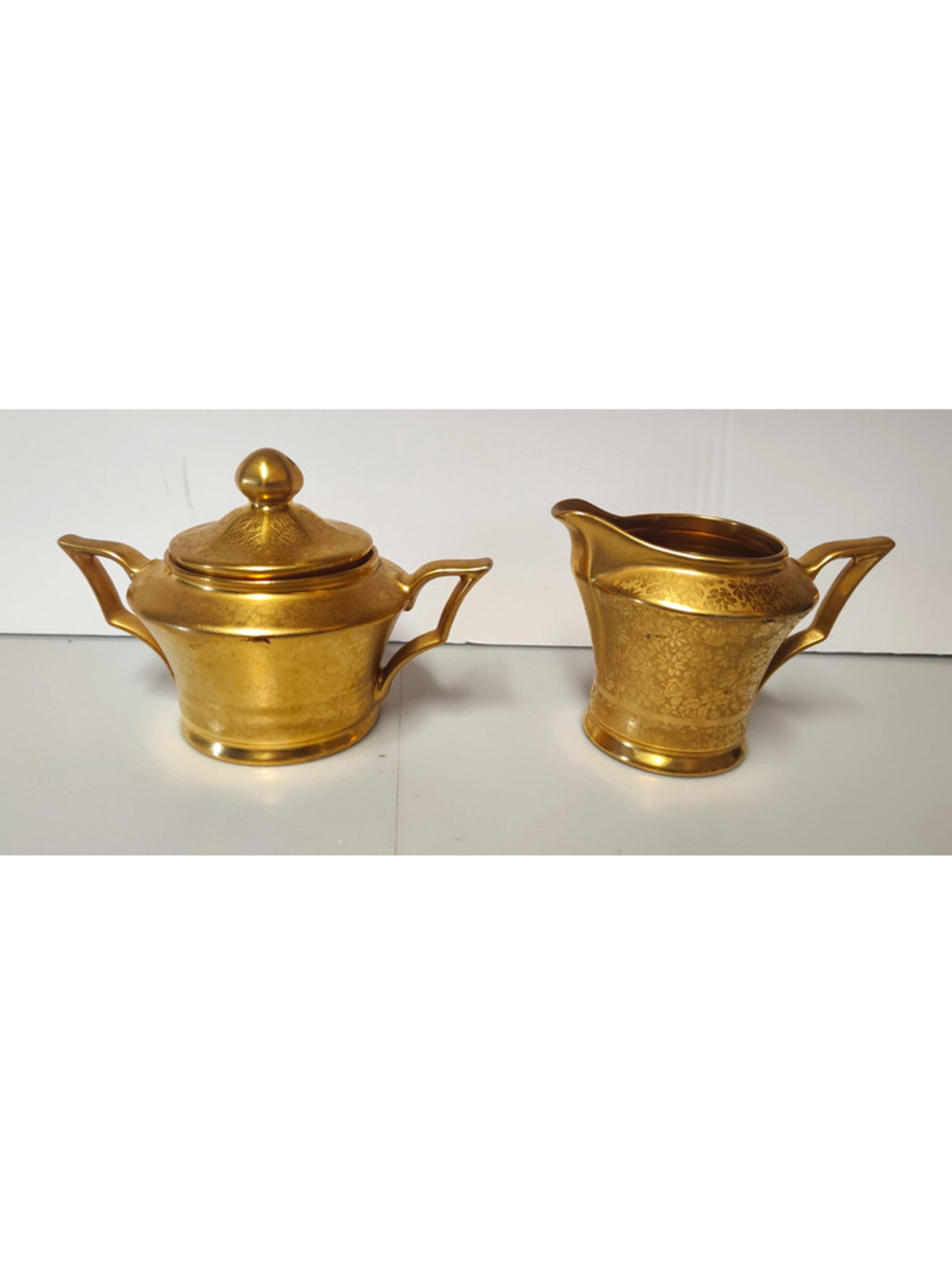 Vintage Gold Encrusted Porcelain Creamer Sugar Bowl Set Floral Covered Sugar